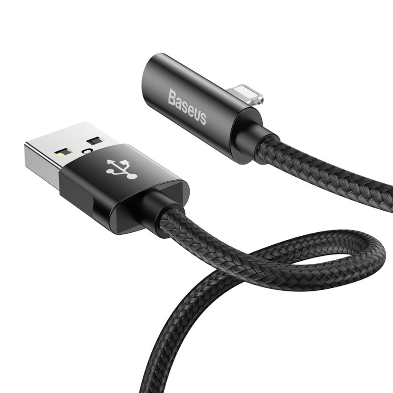 Зарядно и аудио кабел за Apple iPhone с извит накрайник 2.0А, 0.5 м., Baseus, Черен