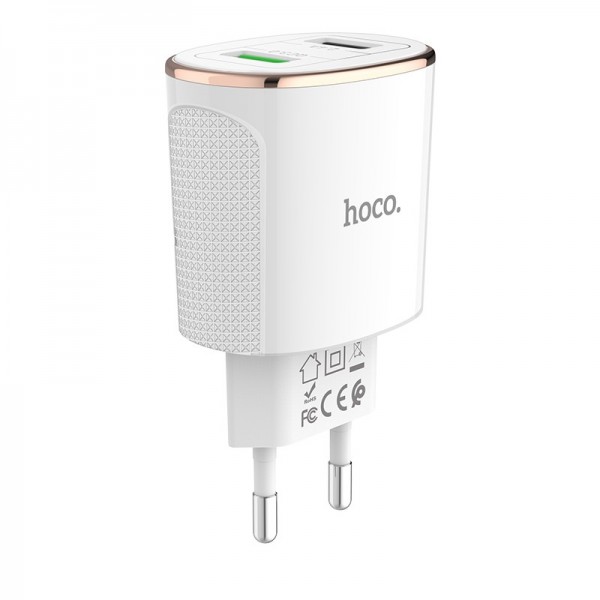 Зарядно за контакт HOCO C60A, 2 USB изхода, 18W, Бял