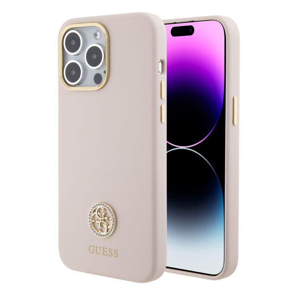Кожен Калъф за iPhone 15 Pro Max - Guess Silicone Logo Strass 4G - Розов пясък