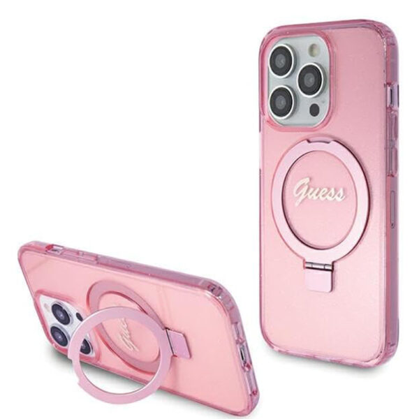 Кожен Калъф за iPhone 15 Pro - Guess Ring Stand Script Glitter MagSafe - Розов
