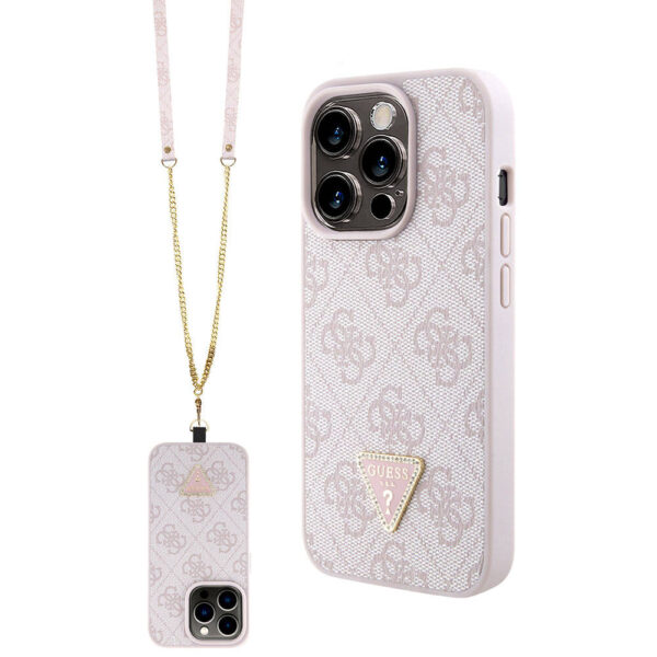 Кожен Калъф за iPhone 15 Pro - Guess Leather Strass Crossbody - Розов